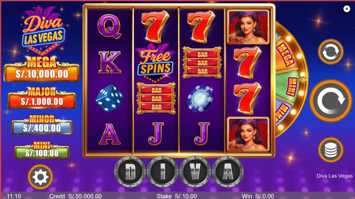 Diva Las Vegas slot machine na may temang neon at showgirls